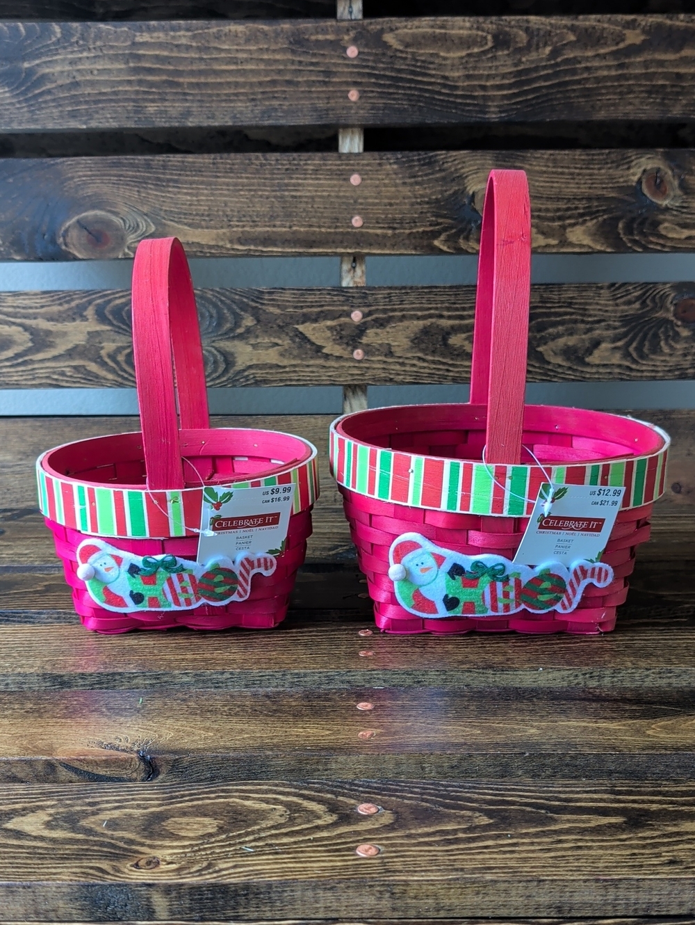 Two Celebrate It Red Woven Holiday Baskets with Snowman Felt Accent
